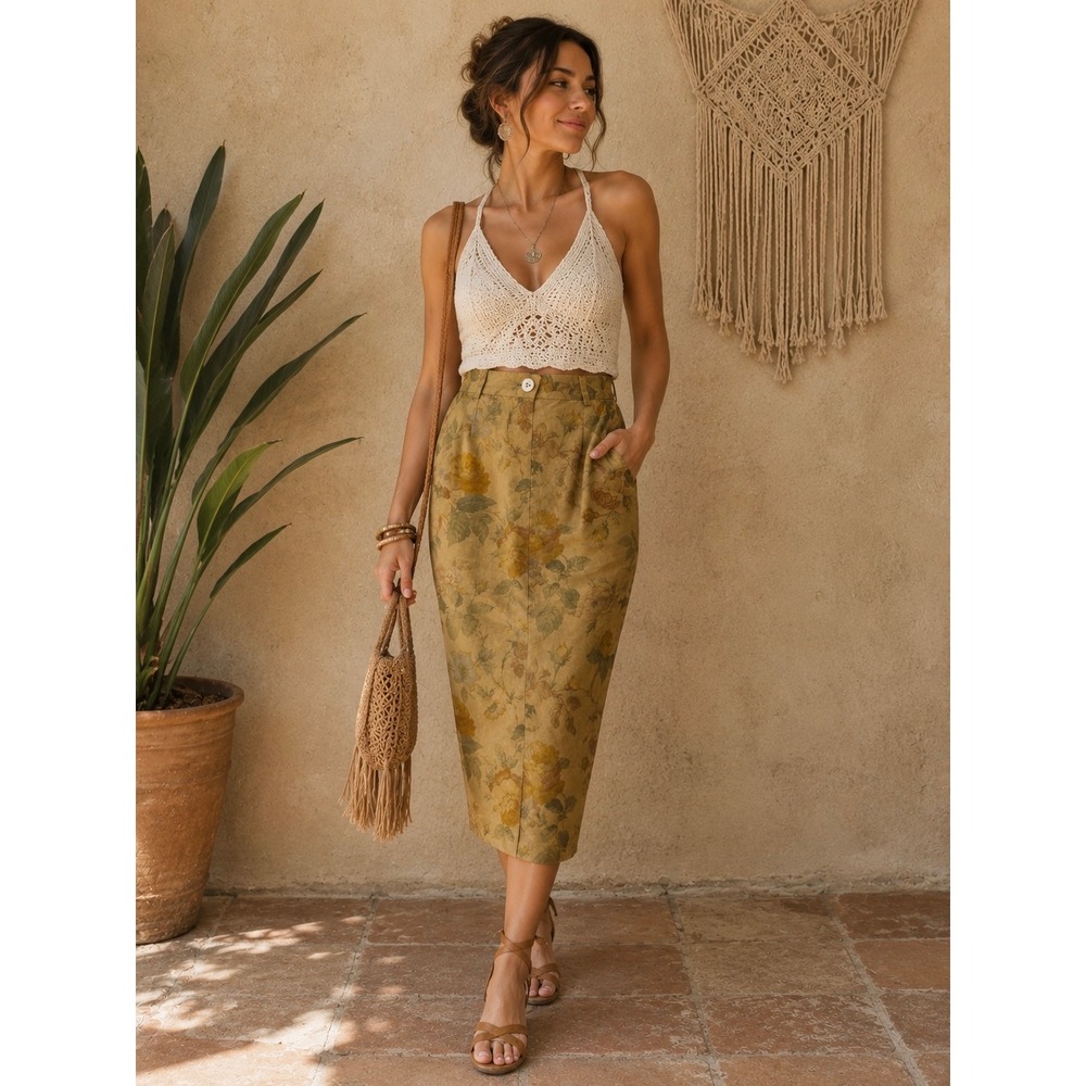 Max Mara Puro Lino Floral Linen Midi Skirt Italy Vintage Rose Mustard Yellow 8